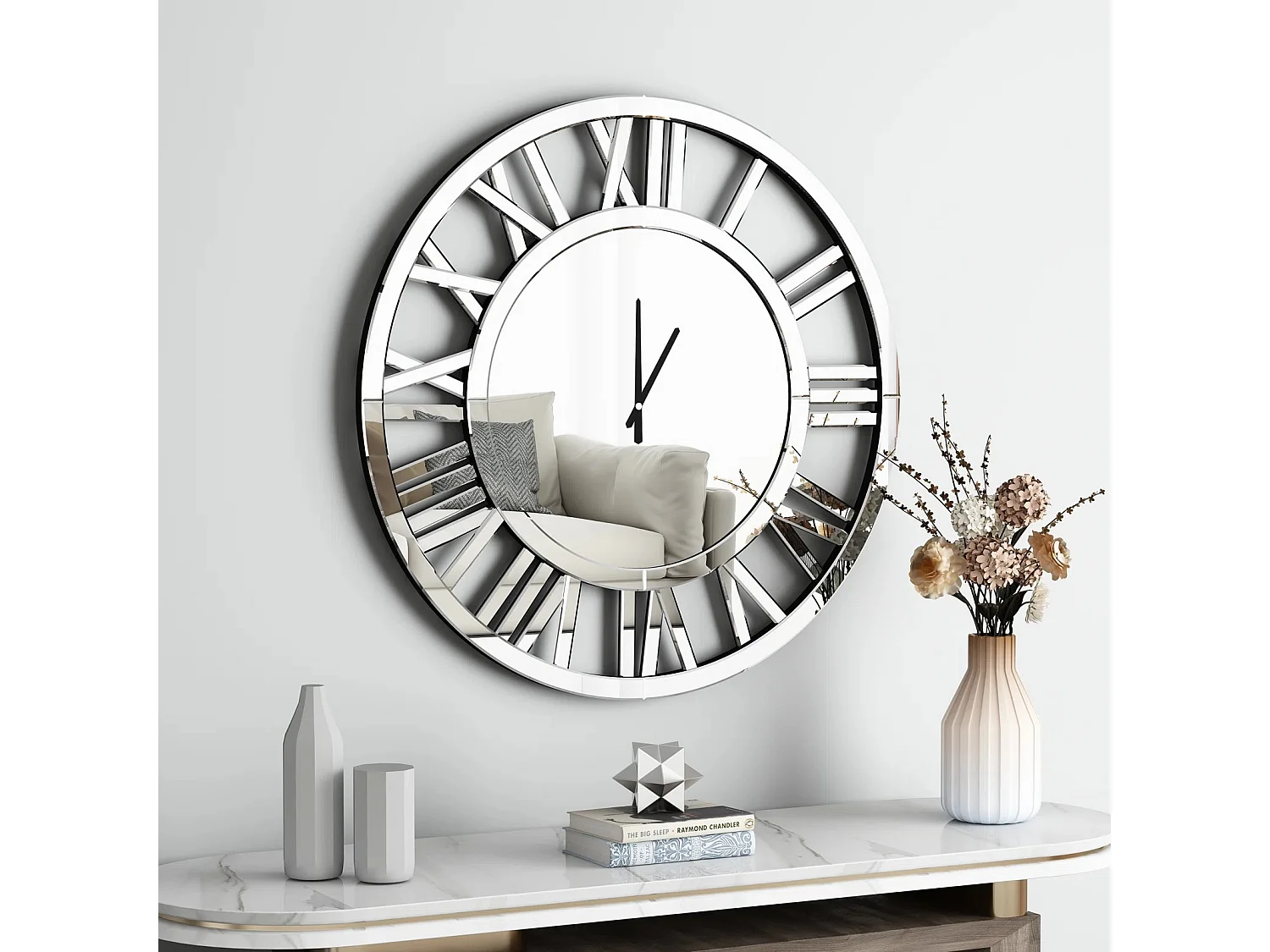 Horloge murale ronde contemporaine en verre, design minimaliste, MDF et verre, argenté (80x4.2x80 cm)
