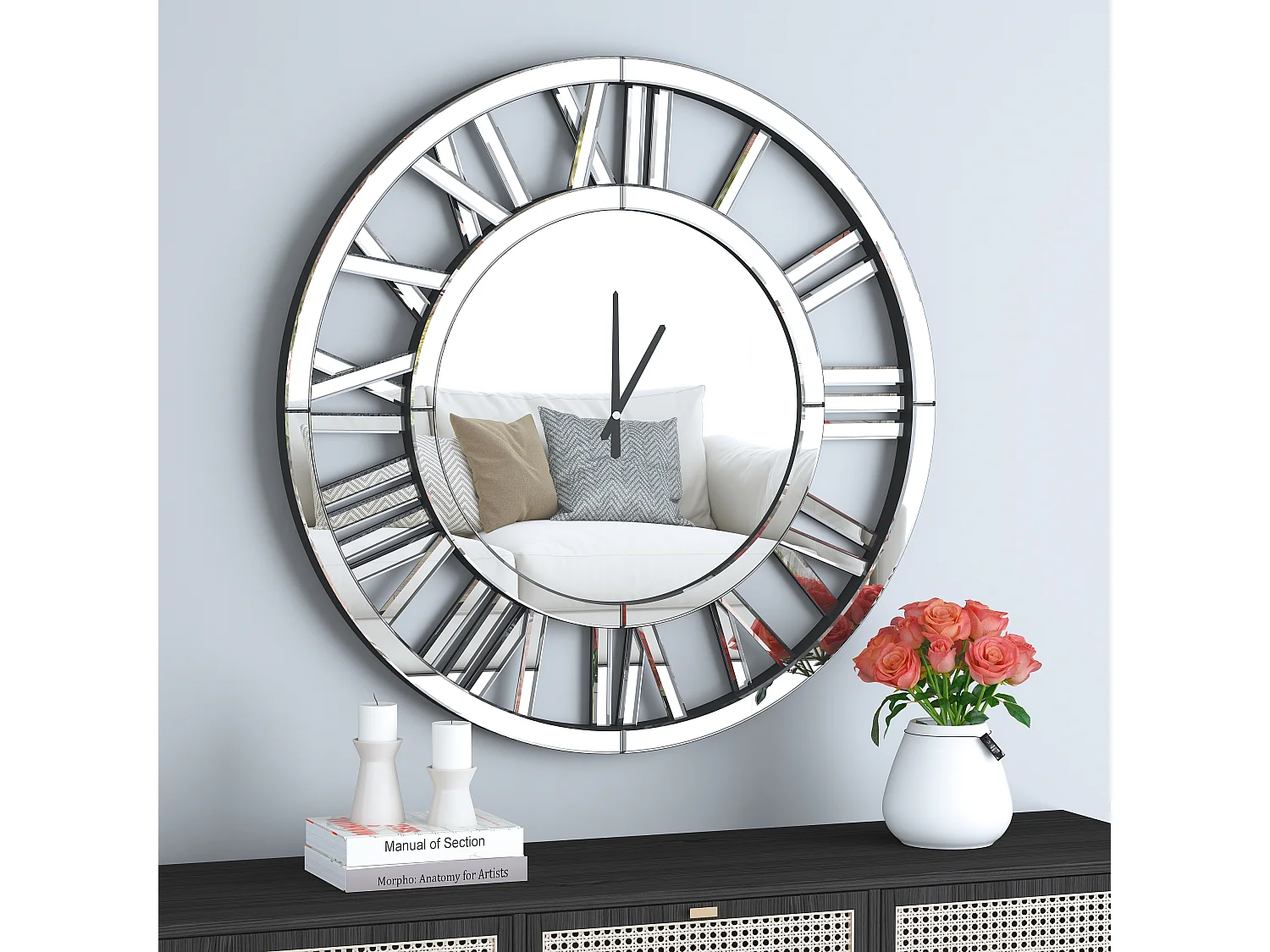 Horloge murale ronde contemporaine en verre, design minimaliste, MDF et verre, argenté (80x4.2x80 cm)