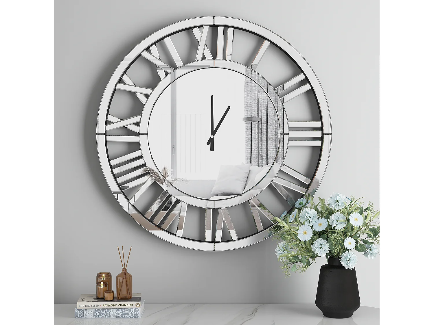 Horloge murale ronde contemporaine en verre, design minimaliste, MDF et verre, argenté (80x4.2x80 cm)