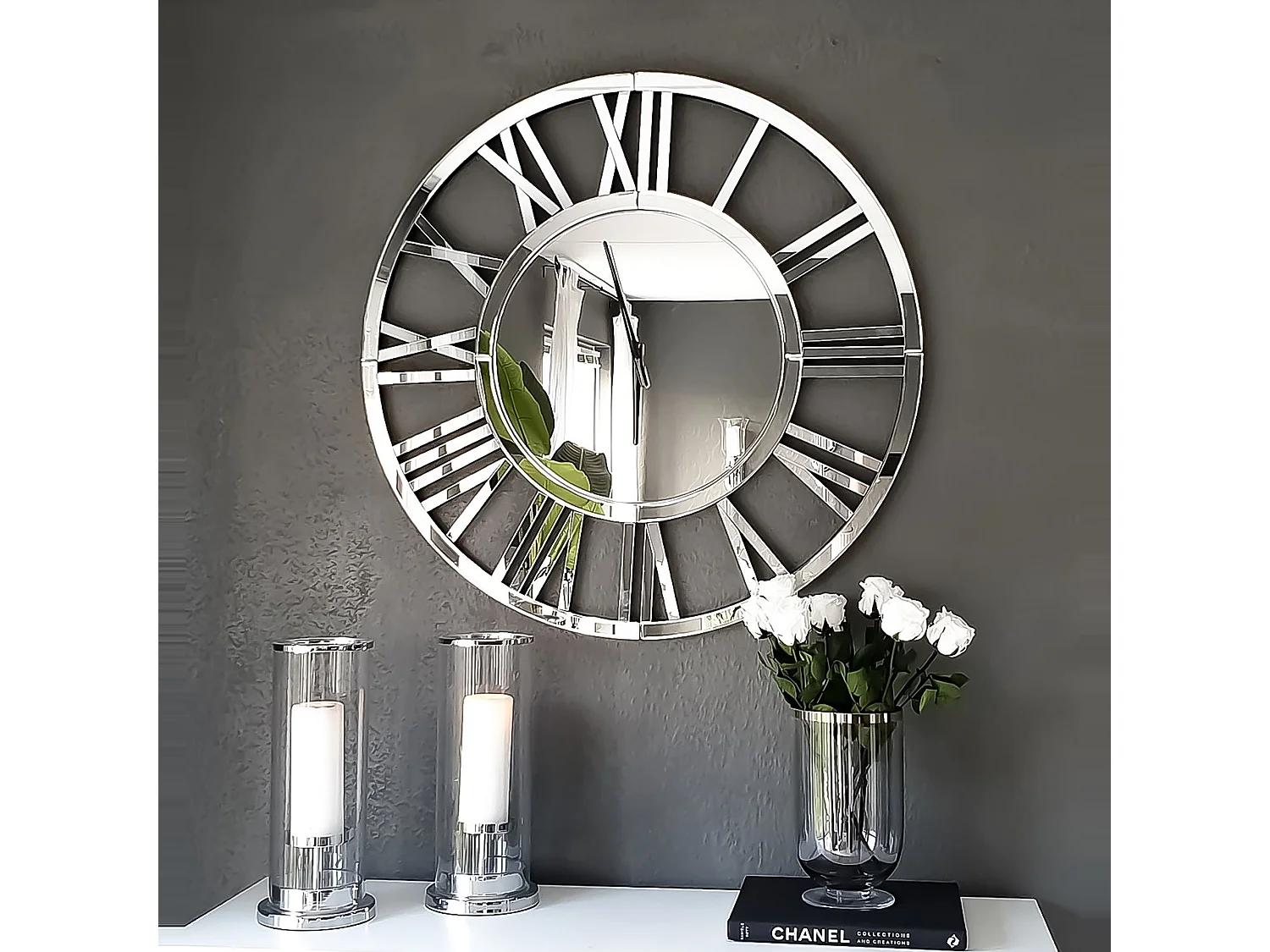 Horloge murale ronde contemporaine en verre, design minimaliste, MDF et verre, argenté (80x4.2x80 cm)