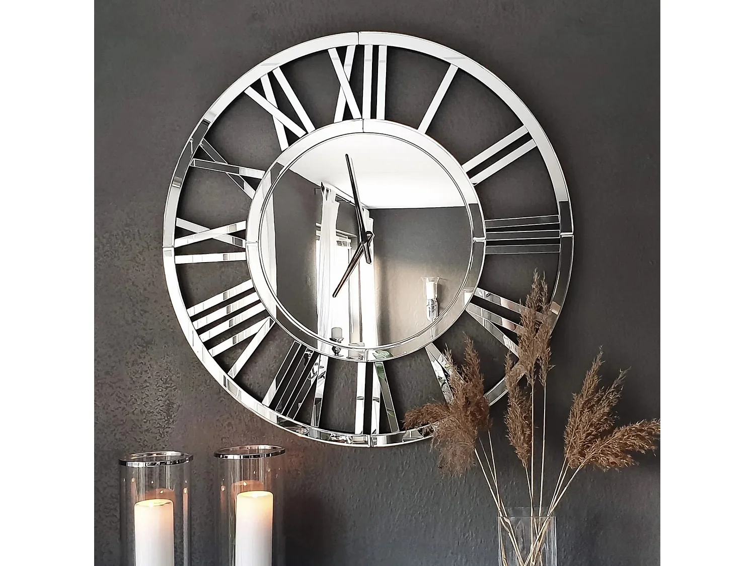Horloge murale ronde contemporaine en verre, design minimaliste, MDF et verre, argenté (80x4.2x80 cm)