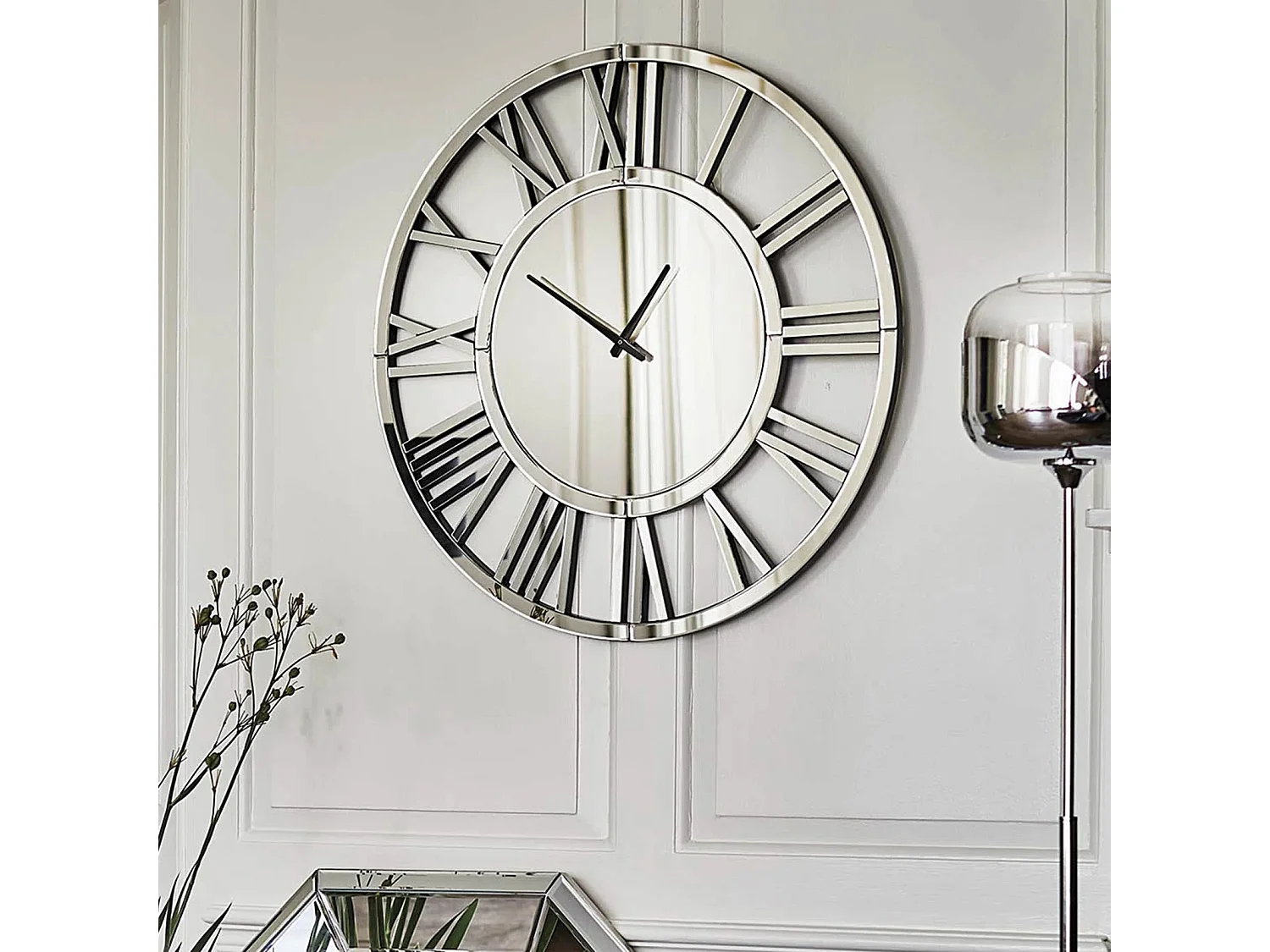 Horloge murale ronde contemporaine en verre, design minimaliste, MDF et verre, argenté (80x4.2x80 cm)