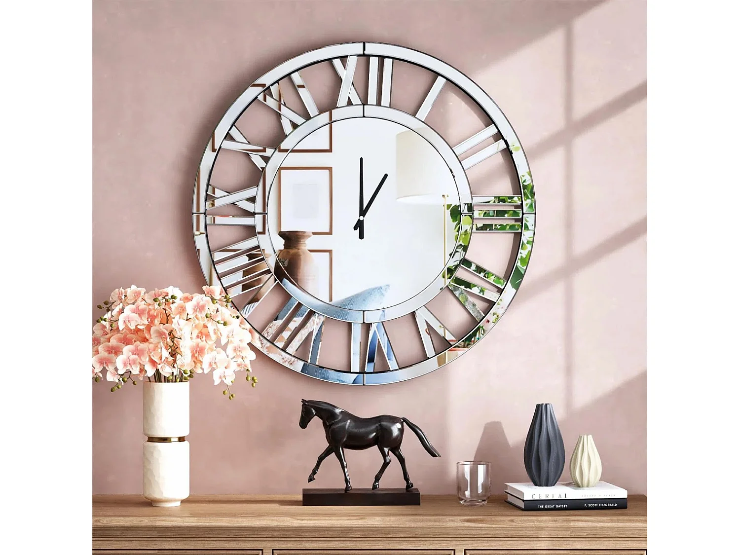 Horloge murale ronde contemporaine en verre, design minimaliste, MDF et verre, argenté (80x4.2x80 cm)