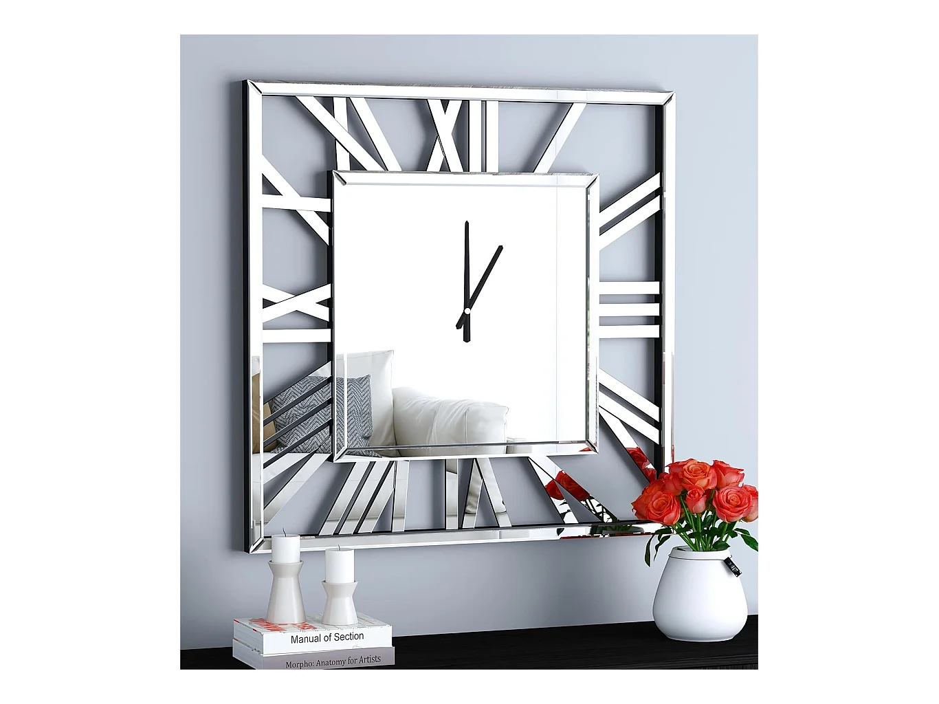 Horloge murale carrée en verre, design moderne et élégant, MDF et verre, argenté (80x3.6x80 cm)