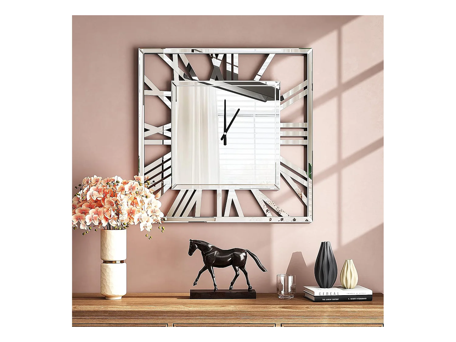 Horloge murale carrée en verre, design moderne et élégant, MDF et verre, argenté (80x3.6x80 cm)