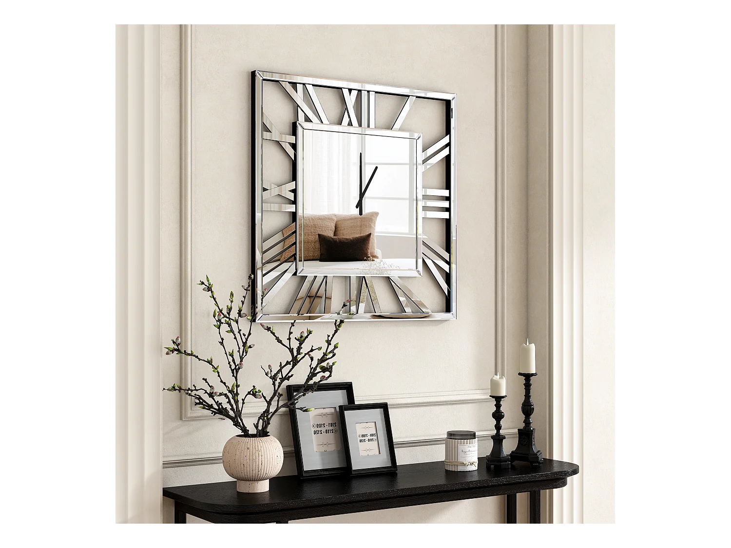 Horloge murale carrée en verre, design moderne et élégant, MDF et verre, argenté (80x3.6x80 cm)