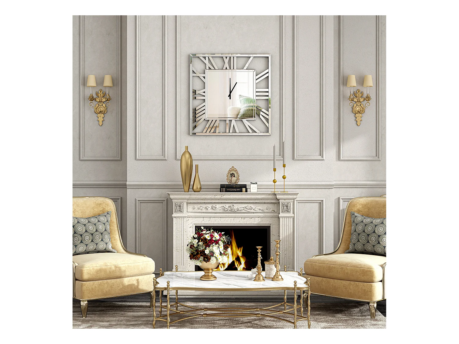 Horloge murale carrée en verre, design moderne et élégant, MDF et verre, argenté (80x3.6x80 cm)