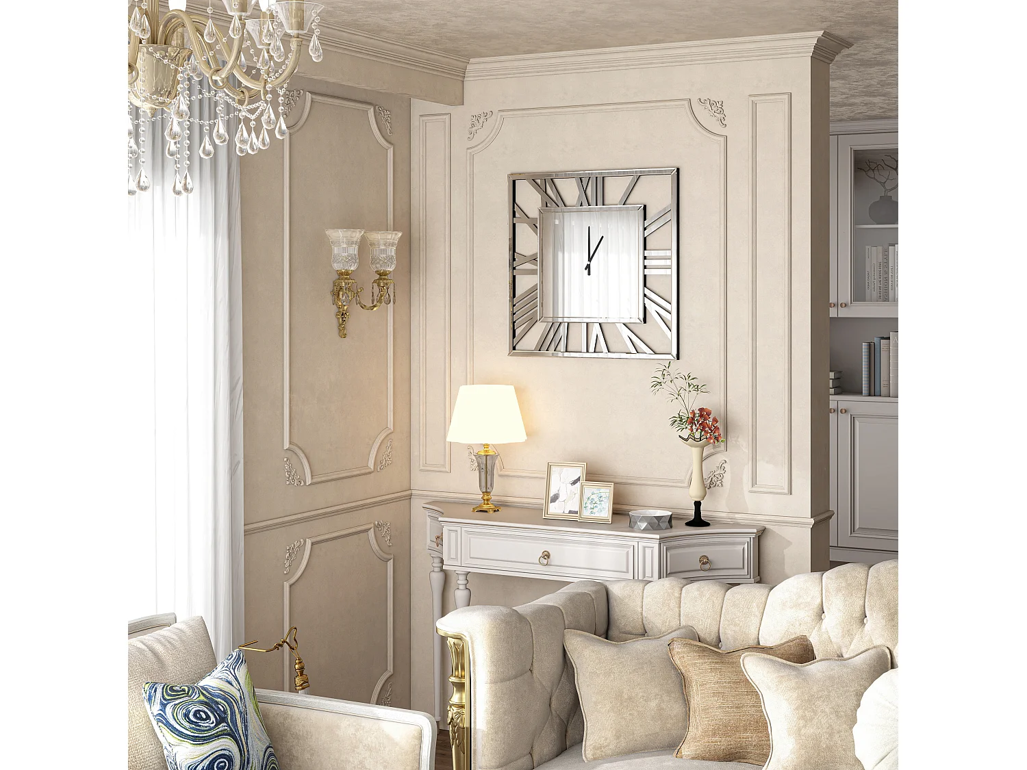 Horloge murale carrée en verre, design moderne et élégant, MDF et verre, argenté (80x3.6x80 cm)