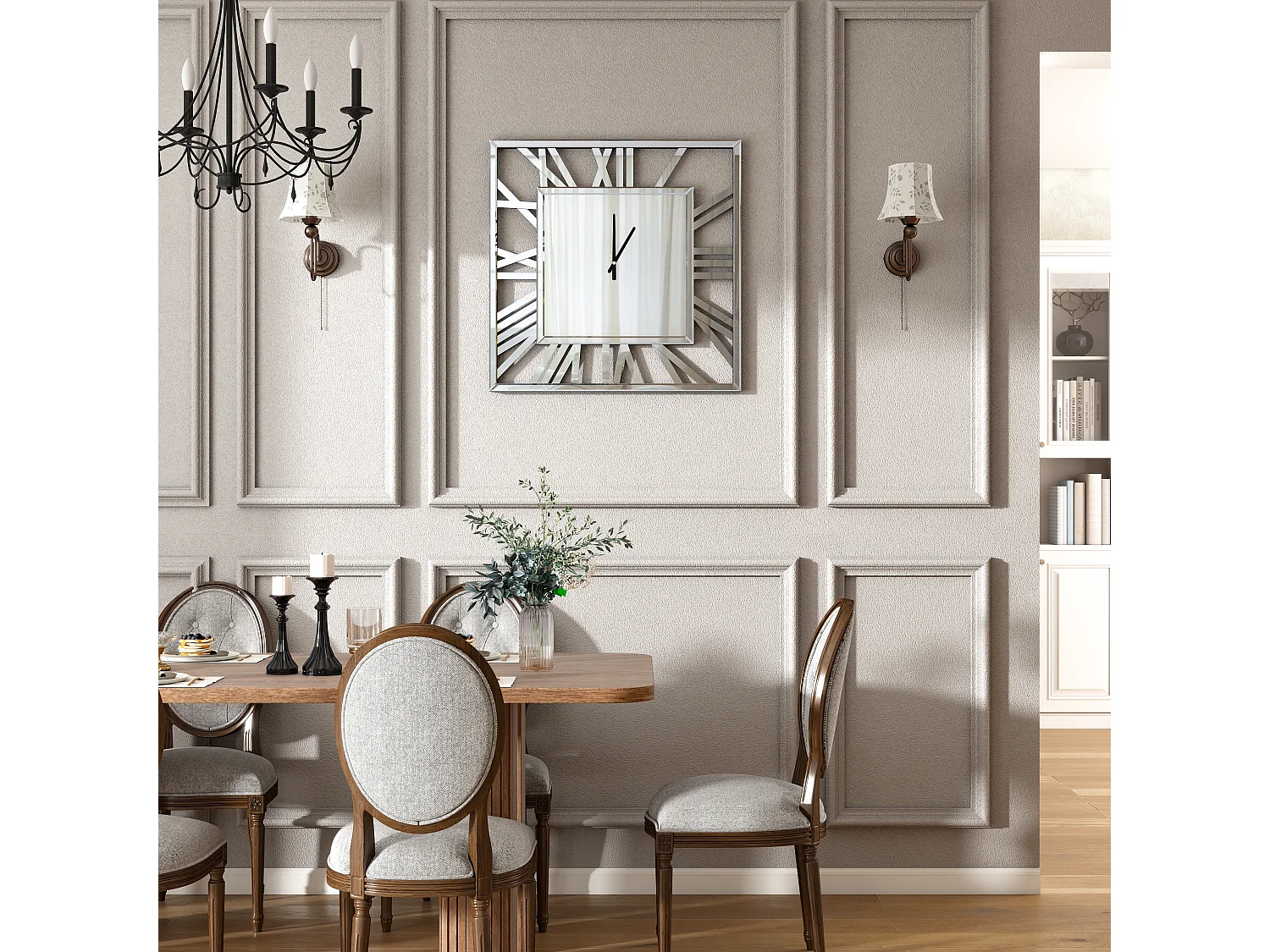 Horloge murale carrée en verre, design moderne et élégant, MDF et verre, argenté (80x3.6x80 cm)