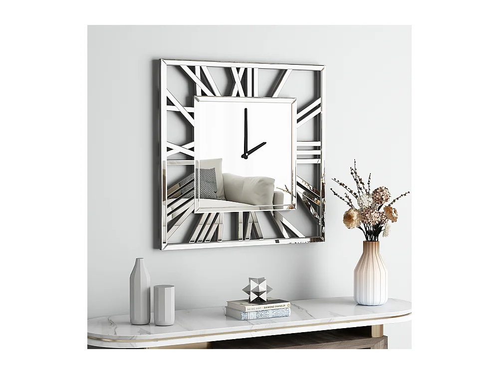 Reloj de pared cuadrado de cristal, diseño moderno y elegante, MDF y cristal, color plata (80x3,6x80 cm)