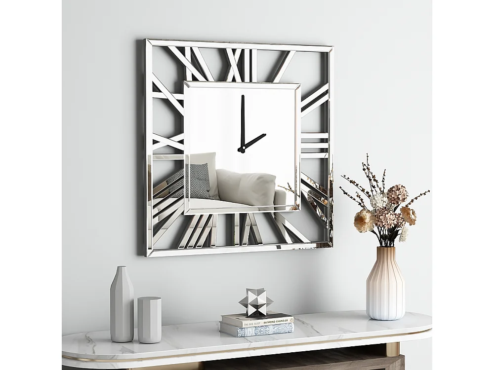 Horloge murale carrée en verre, design moderne et élégant, MDF et verre, argenté (80x3.6x80 cm)