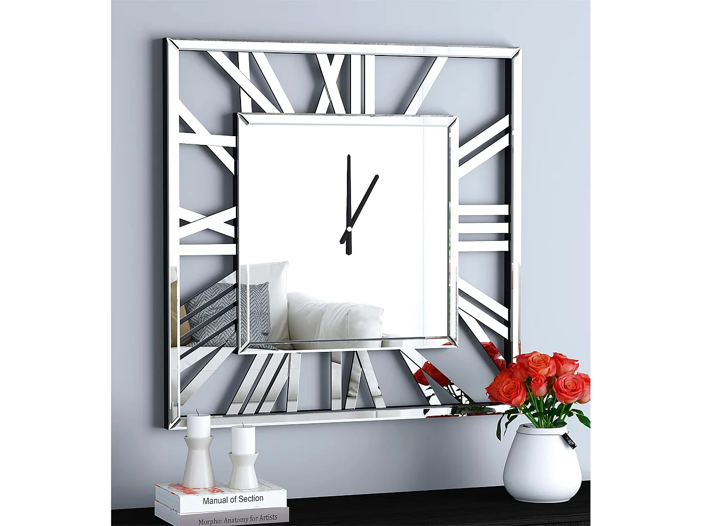 Horloge murale carrée en verre, design moderne et élégant, MDF et verre, argenté (80x3.6x80 cm)