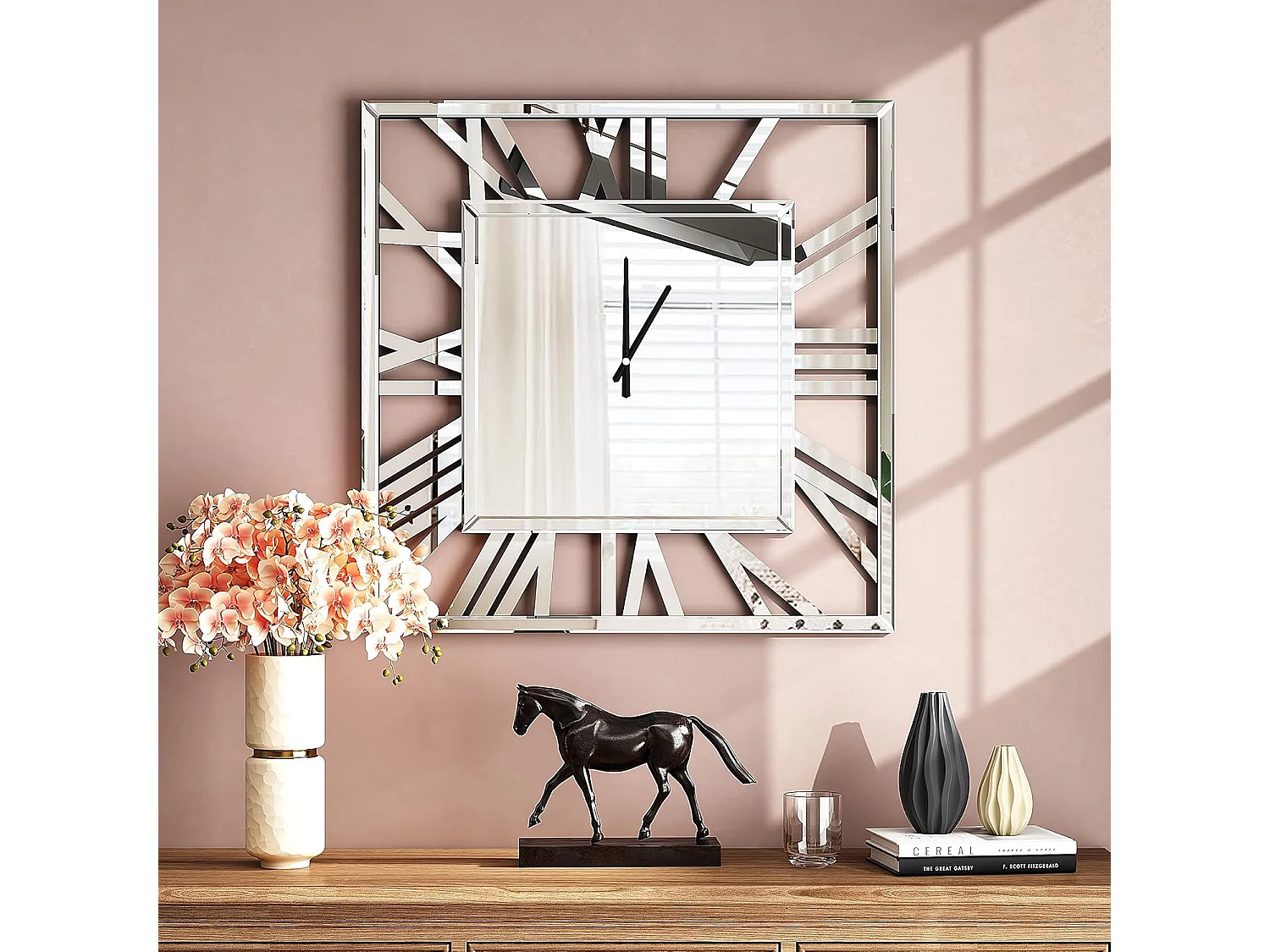 Horloge murale carrée en verre, design moderne et élégant, MDF et verre, argenté (80x3.6x80 cm)