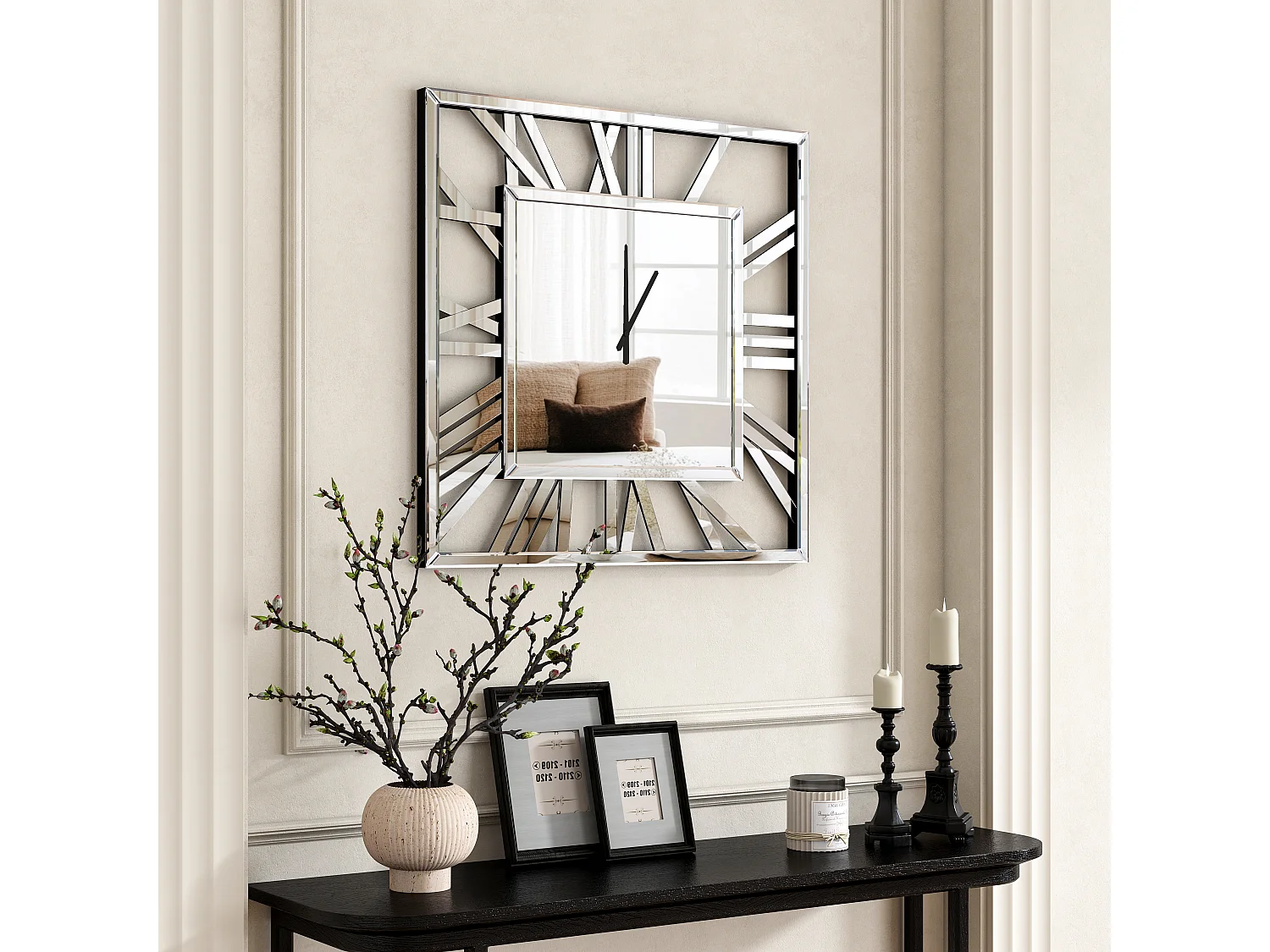 Horloge murale carrée en verre, design moderne et élégant, MDF et verre, argenté (80x3.6x80 cm)