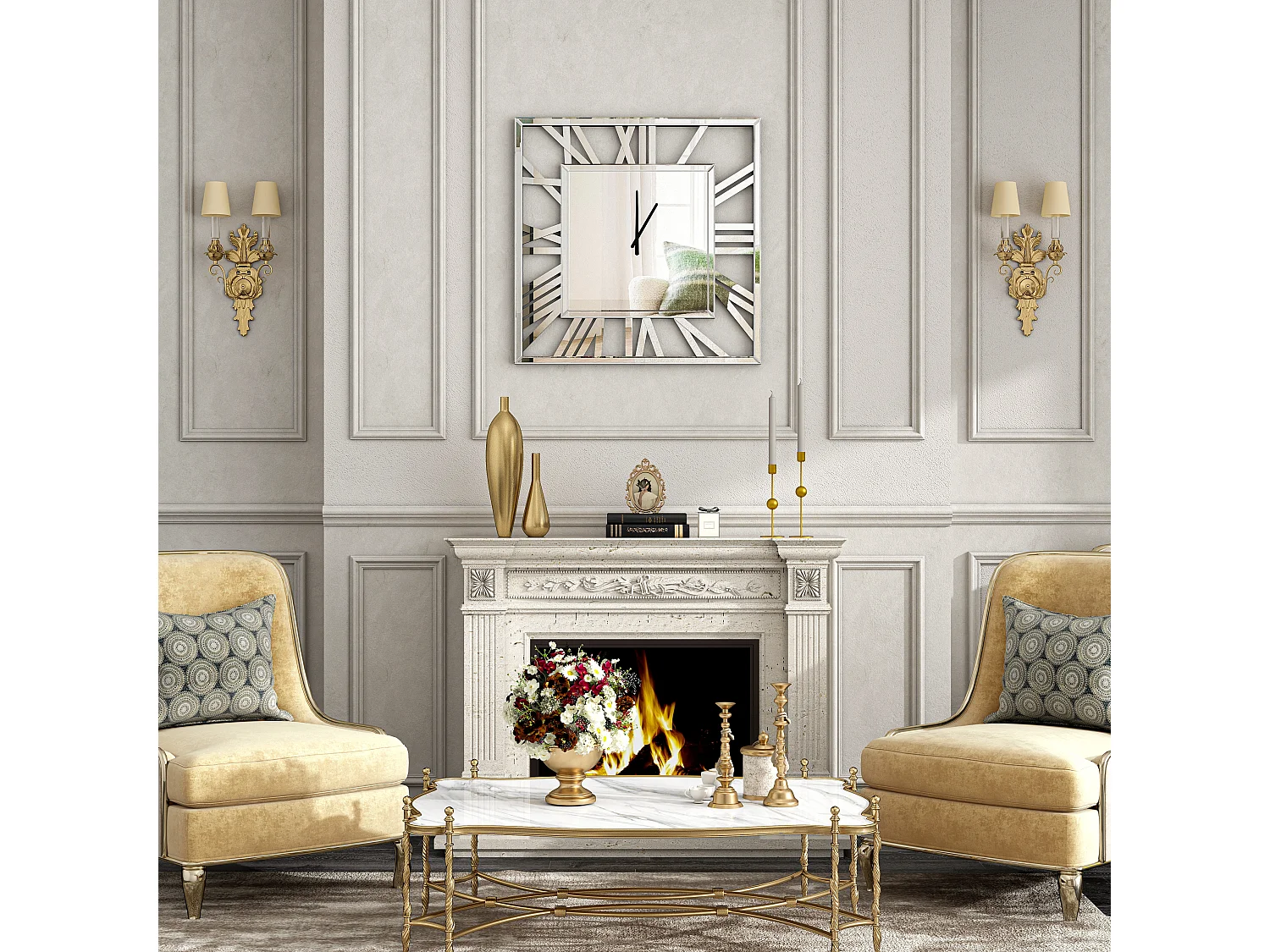 Horloge murale carrée en verre, design moderne et élégant, MDF et verre, argenté (80x3.6x80 cm)