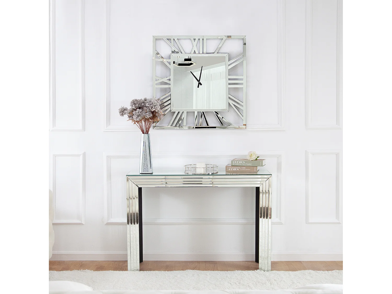 Horloge murale carrée en verre, design moderne et élégant, MDF et verre, argenté (80x3.6x80 cm)