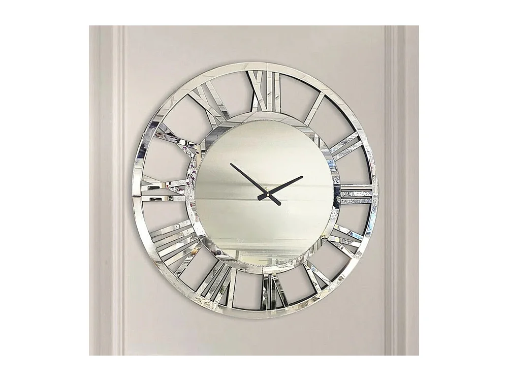 Horloge murale ronde moderne et élégante, finition verre, acrylique et MDF, argenté (60x3.4x60 cm)