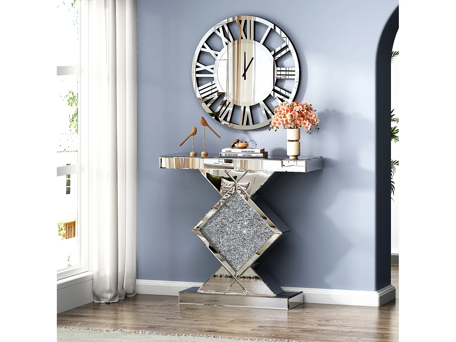 Horloge murale ronde moderne et élégante, finition verre, acrylique et MDF, argenté (60x3.4x60 cm)