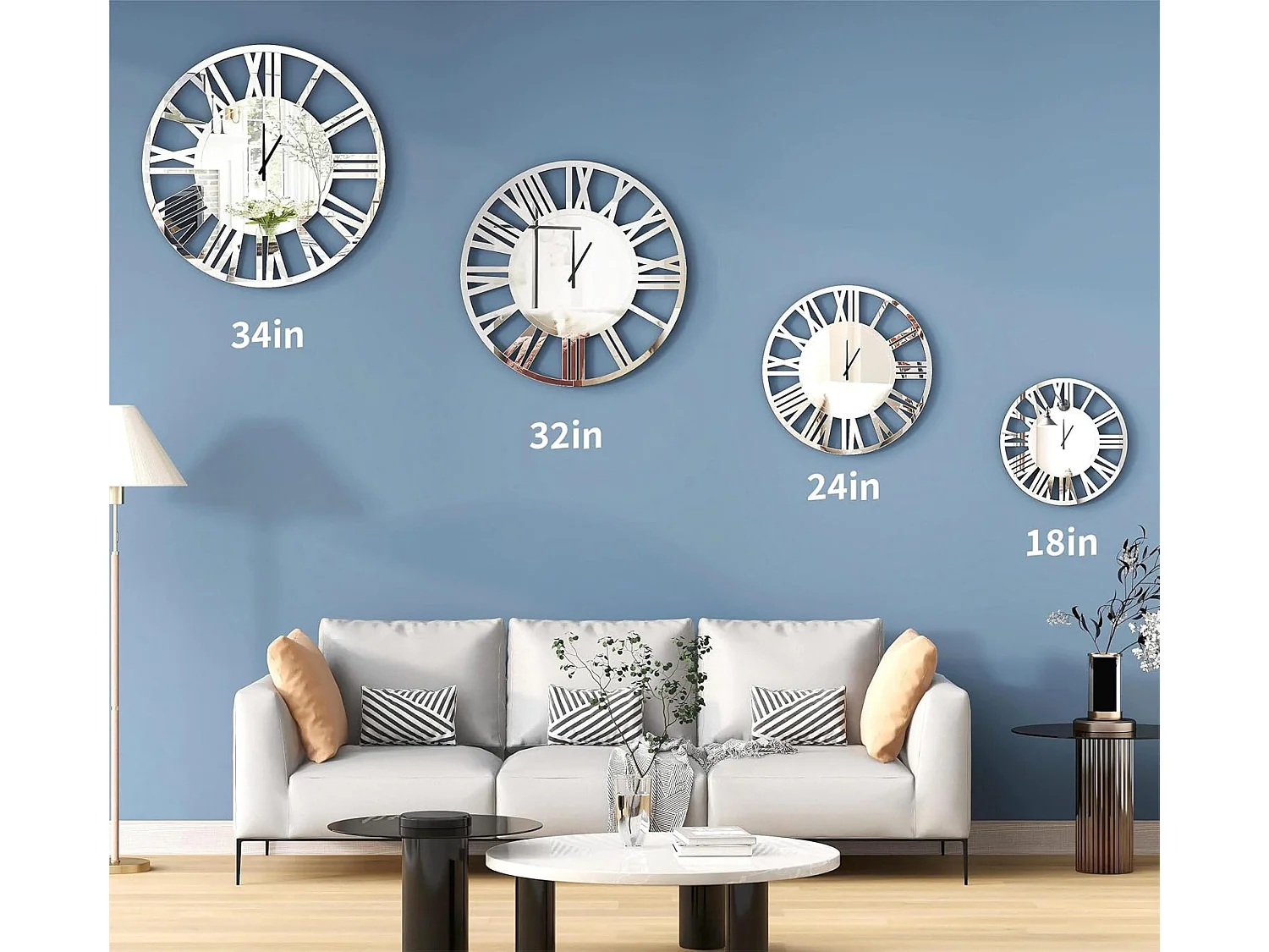 Horloge murale ronde moderne et élégante, finition verre, acrylique et MDF, argenté (60x3.4x60 cm)