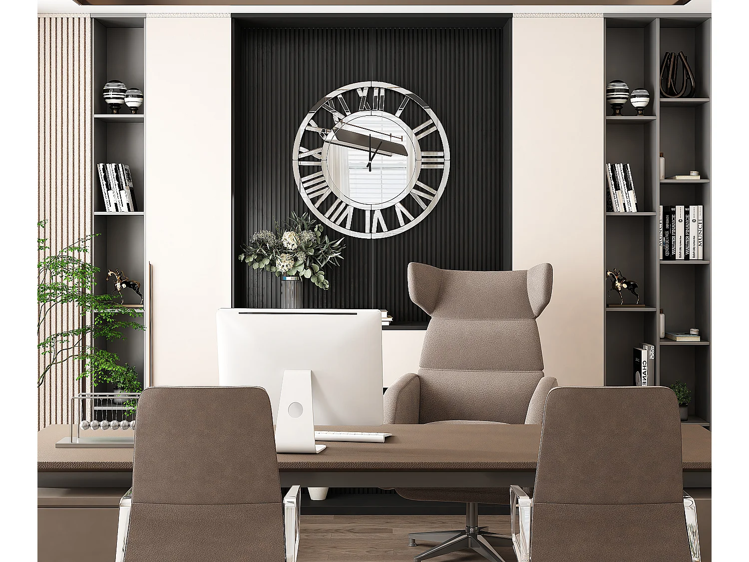 Horloge murale ronde moderne et élégante, finition verre, acrylique et MDF, argenté (60x3.4x60 cm)