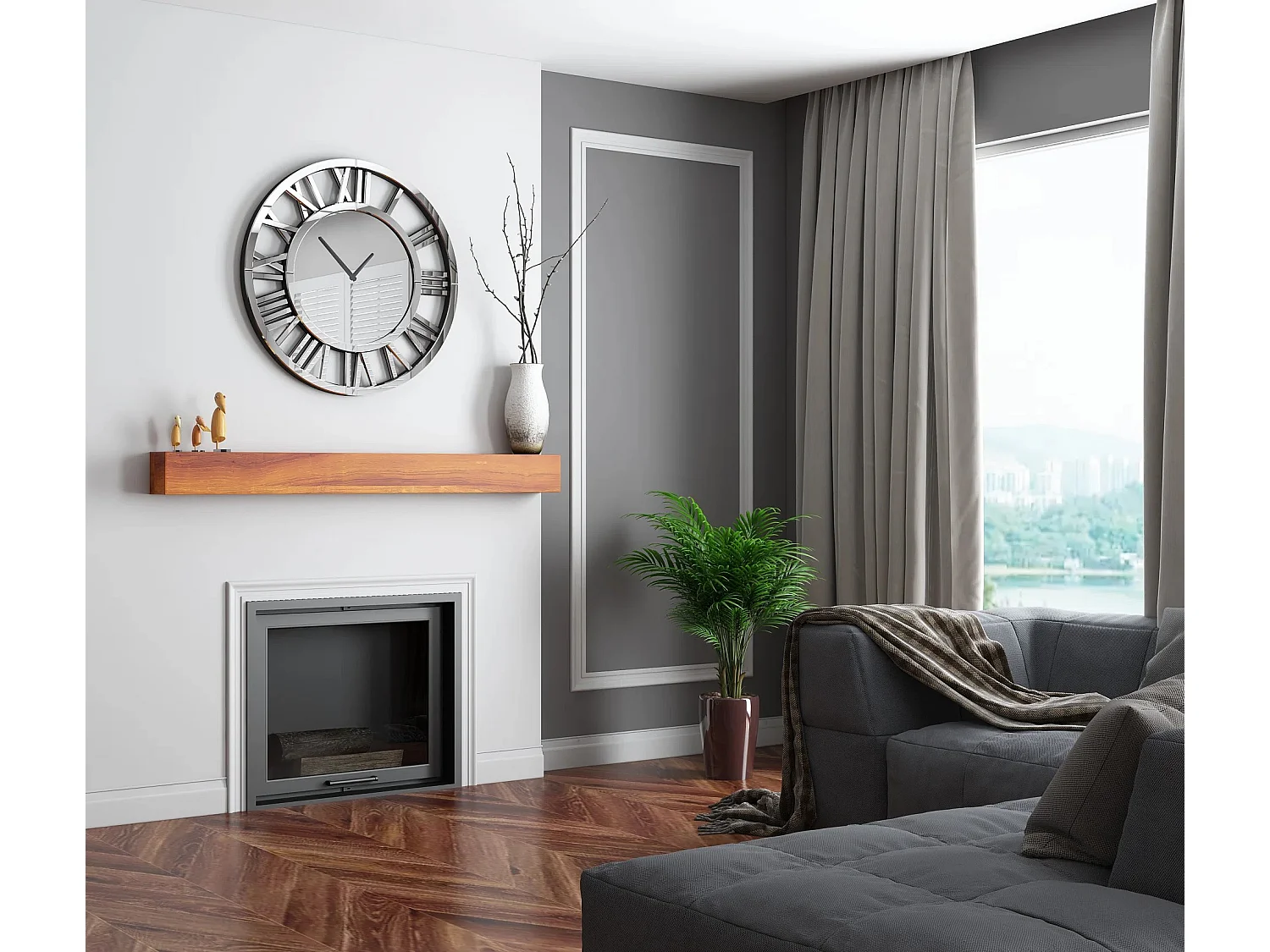 Horloge murale ronde moderne et élégante, finition verre, acrylique et MDF, argenté (60x3.4x60 cm)