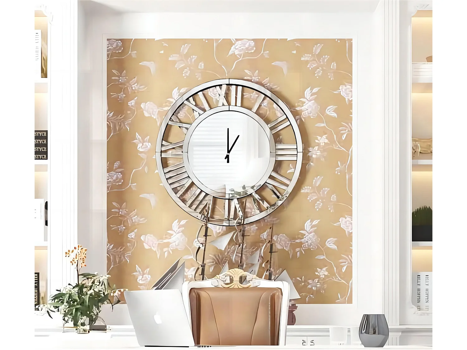 Horloge murale ronde moderne et élégante, finition verre, acrylique et MDF, argenté (60x3.4x60 cm)