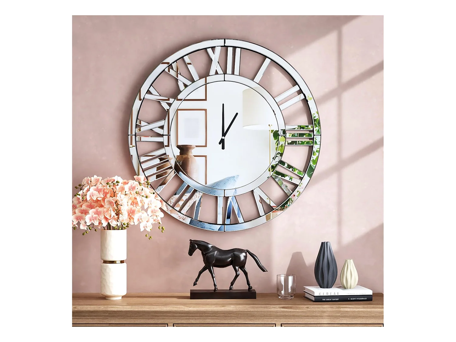 Orologio da parete rotondo moderno ed elegante, finitura in vetro, acrilico e MDF, argento (60x3,4x60 cm)