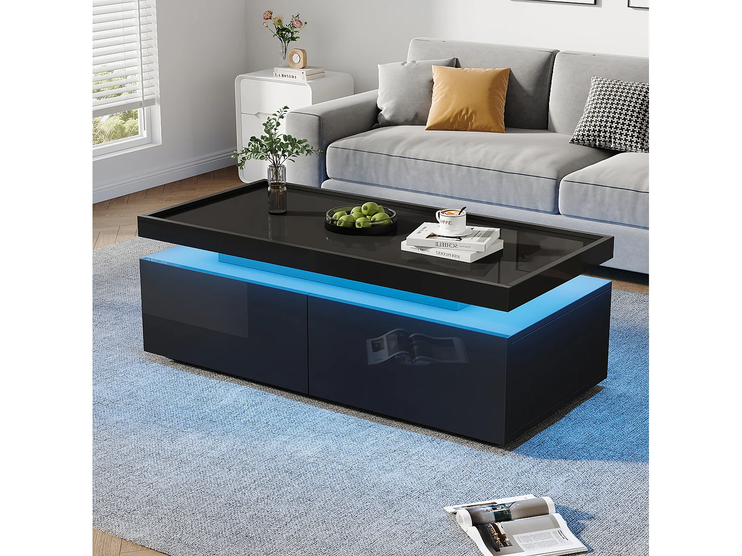 Table basse design moderne avec LED, panneau de particules, noir, 2 tiroirs (95x45x35cm)