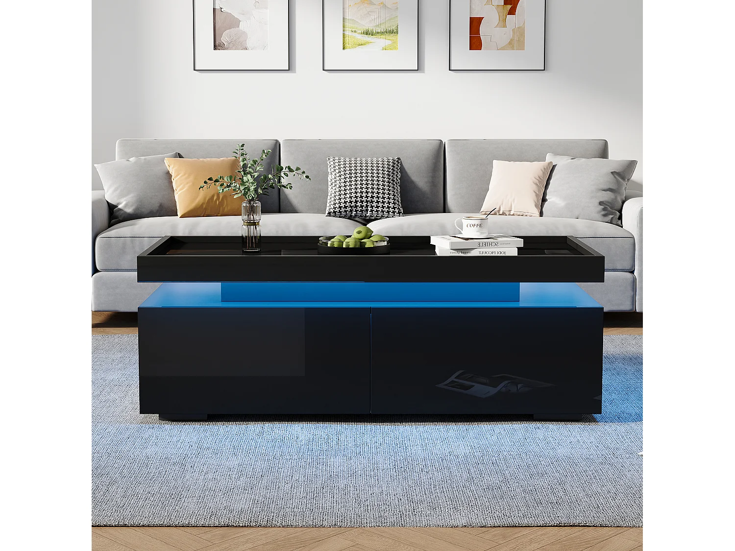 Table basse design moderne avec LED, panneau de particules, noir, 2 tiroirs (95x45x35cm)