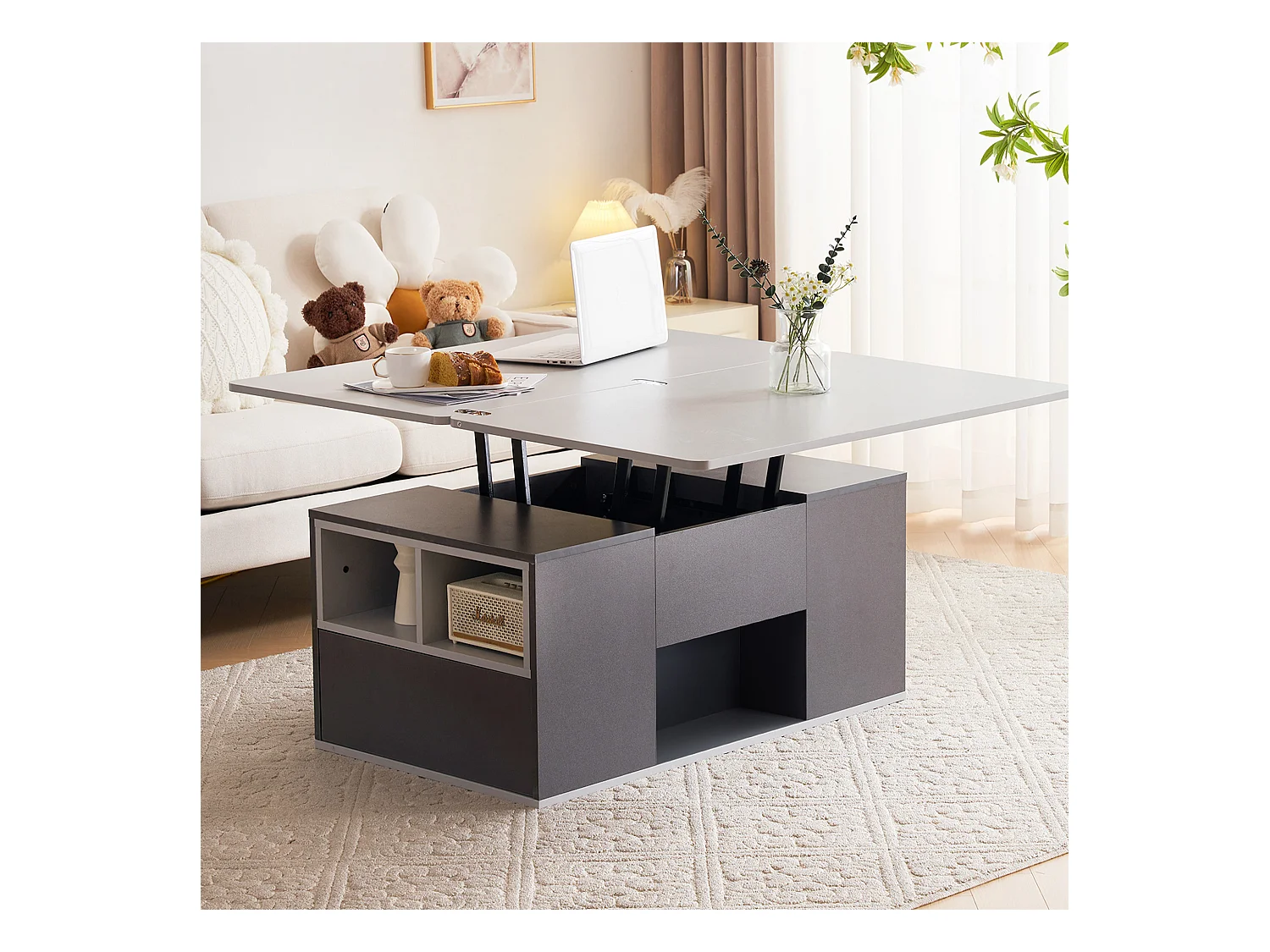 Multifunctionele uitschuifbare salontafel, modern design, spaanplaat, donkergrijs + lichtgrijs, met lades (100x51x47 cm)