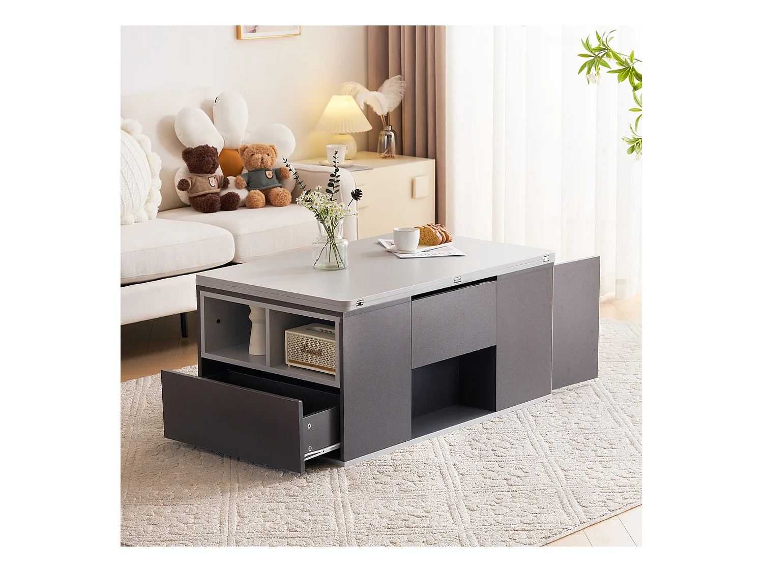 Multifunctionele uitschuifbare salontafel, modern design, spaanplaat, donkergrijs + lichtgrijs, met lades (100x51x47 cm)