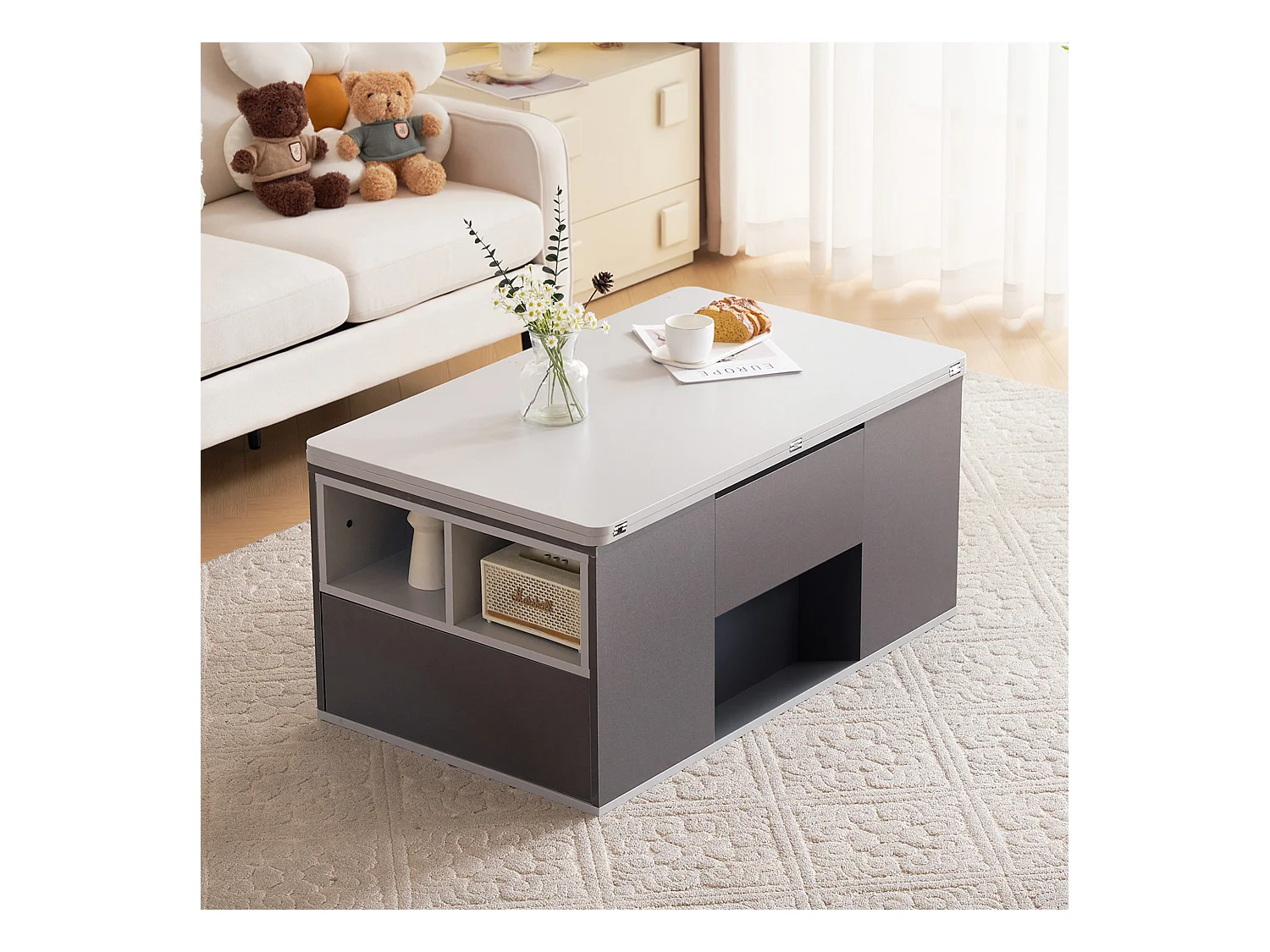 Multifunctionele uitschuifbare salontafel, modern design, spaanplaat, donkergrijs + lichtgrijs, met lades (100x51x47 cm)