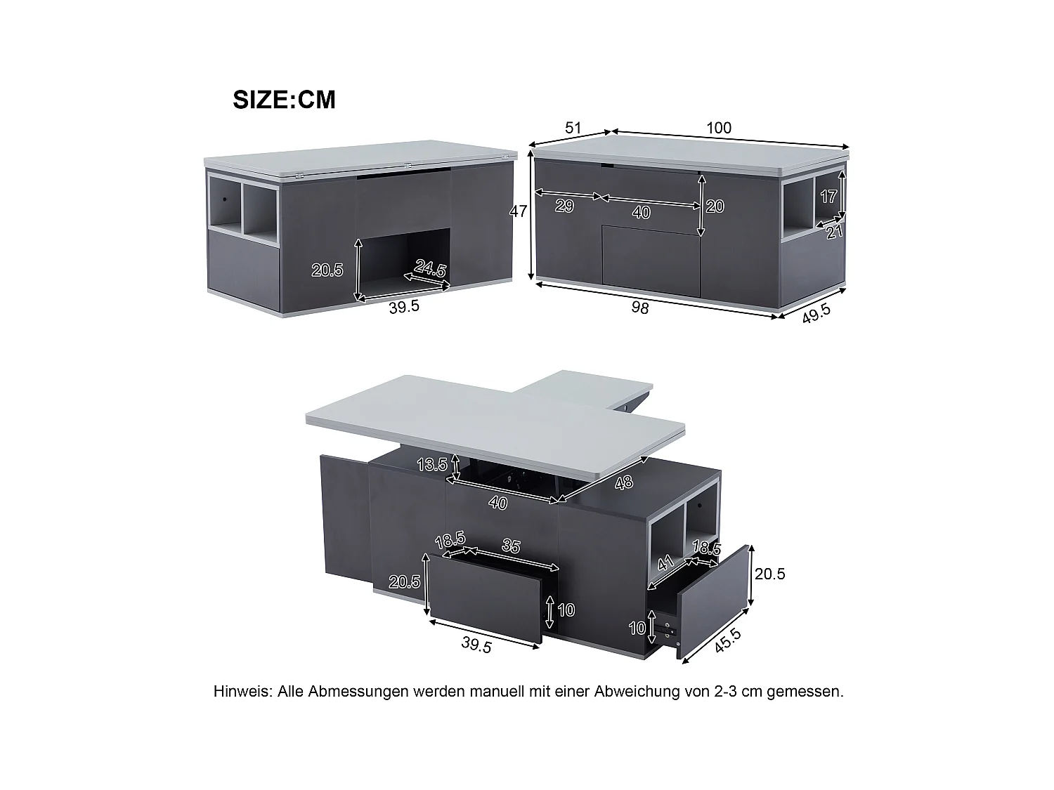 Multifunctionele uitschuifbare salontafel, modern design, spaanplaat, donkergrijs + lichtgrijs, met lades (100x51x47 cm)