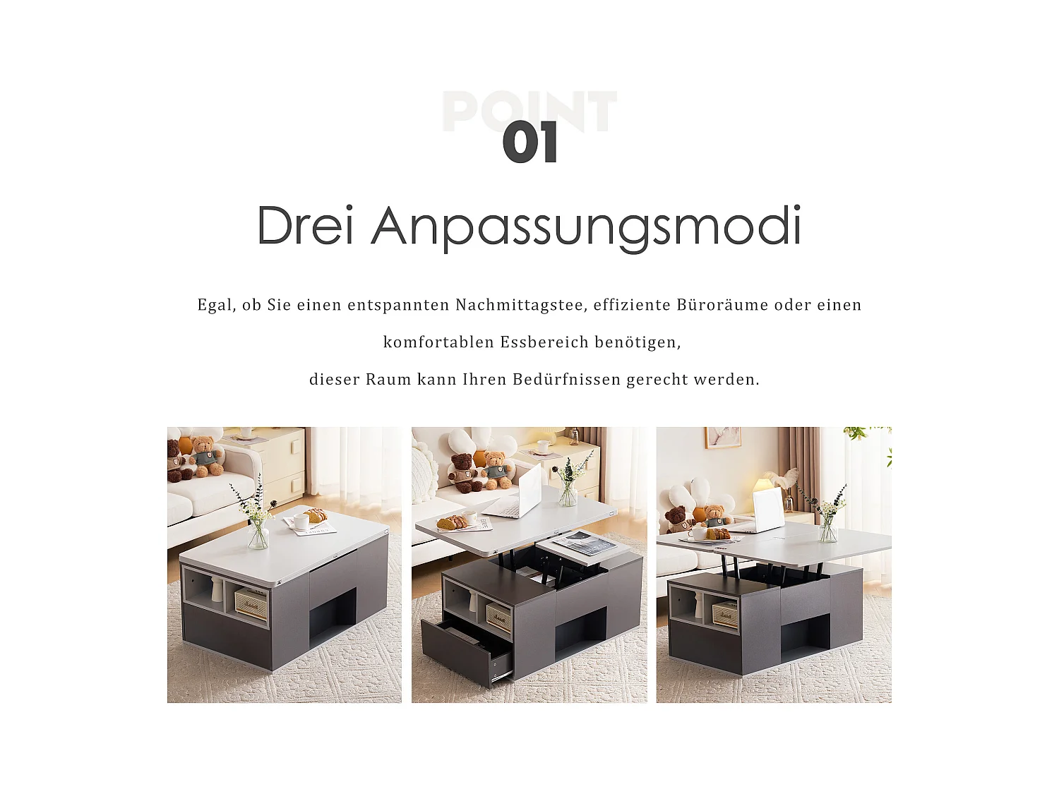 Multifunctionele uitschuifbare salontafel, modern design, spaanplaat, donkergrijs + lichtgrijs, met lades (100x51x47 cm)