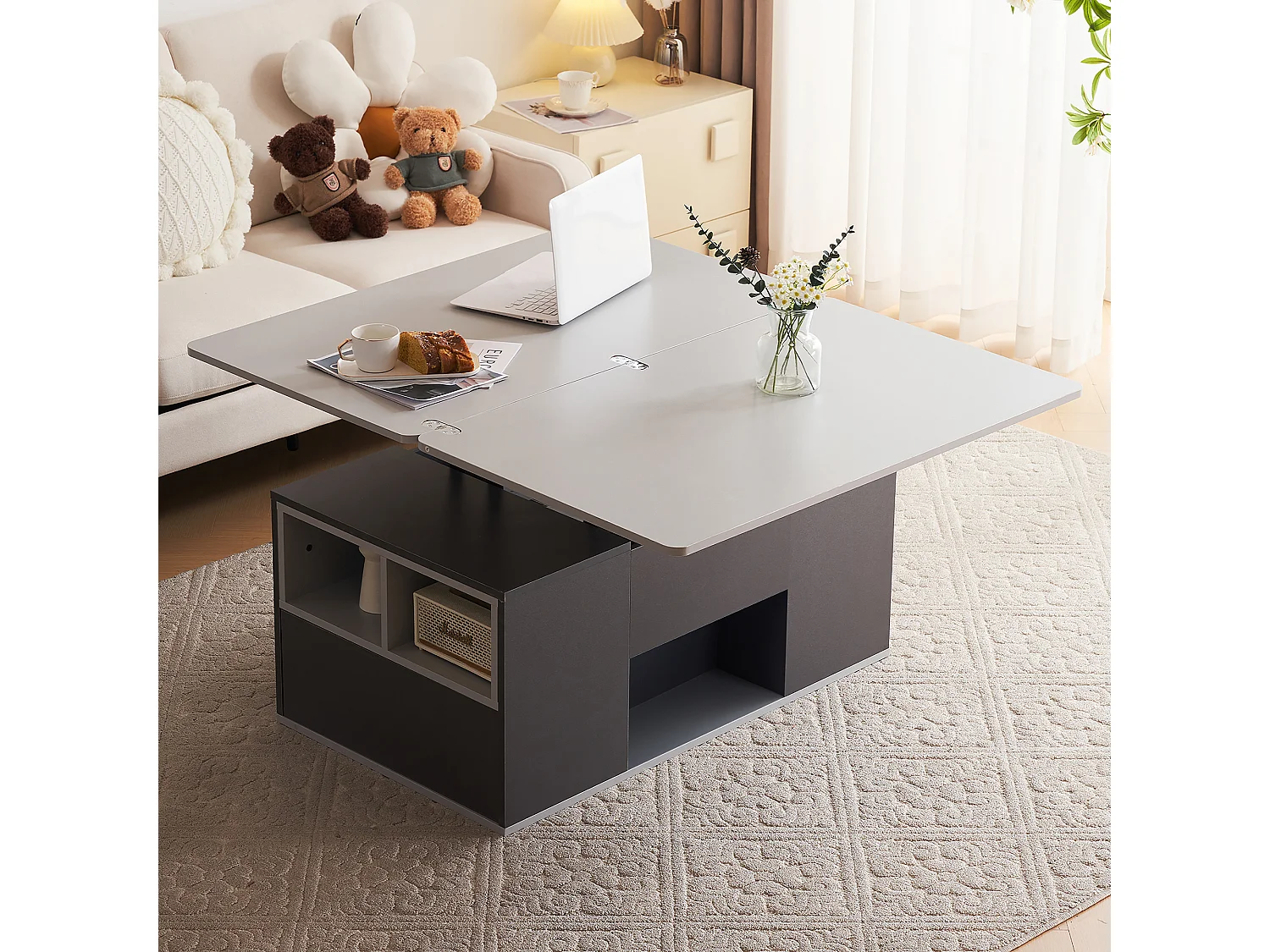 Tavolino da caffè multifunzionale estensibile, design moderno, pannello di particelle, grigio scuro + grigio chiaro, con cassetti (100x51x47 cm)