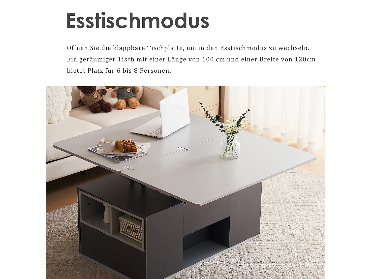 Tavolino da caffè multifunzionale estensibile, design moderno, pannello di particelle, grigio scuro + grigio chiaro, con cassetti (100x51x47 cm)