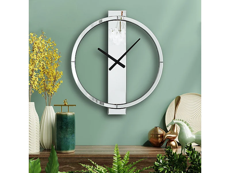 Reloj de pared moderno con espejo de cristal, diseño elegante, MDF y cristal, plateado (68x60x3,8 cm)