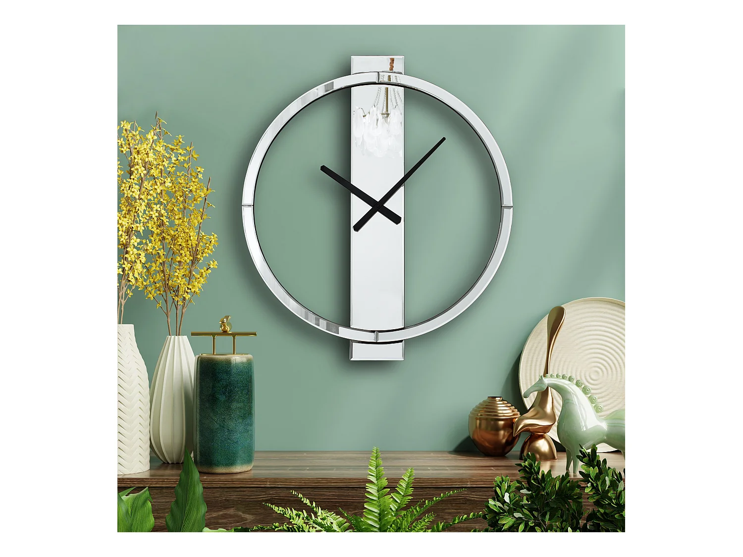 Horloge murale moderne en verre miroir, design épuré, MDF et verre, argenté (68x60x3.8 cm)