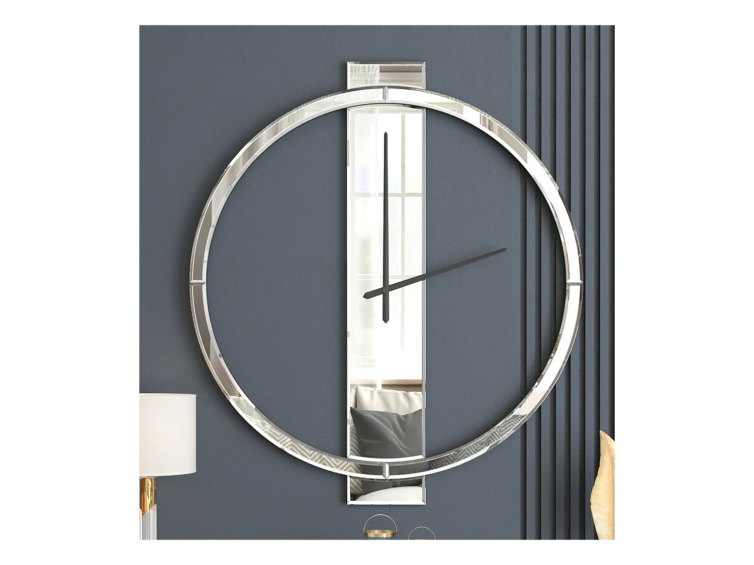 Horloge murale moderne en verre miroir, design épuré, MDF et verre, argenté (68x60x3.8 cm)