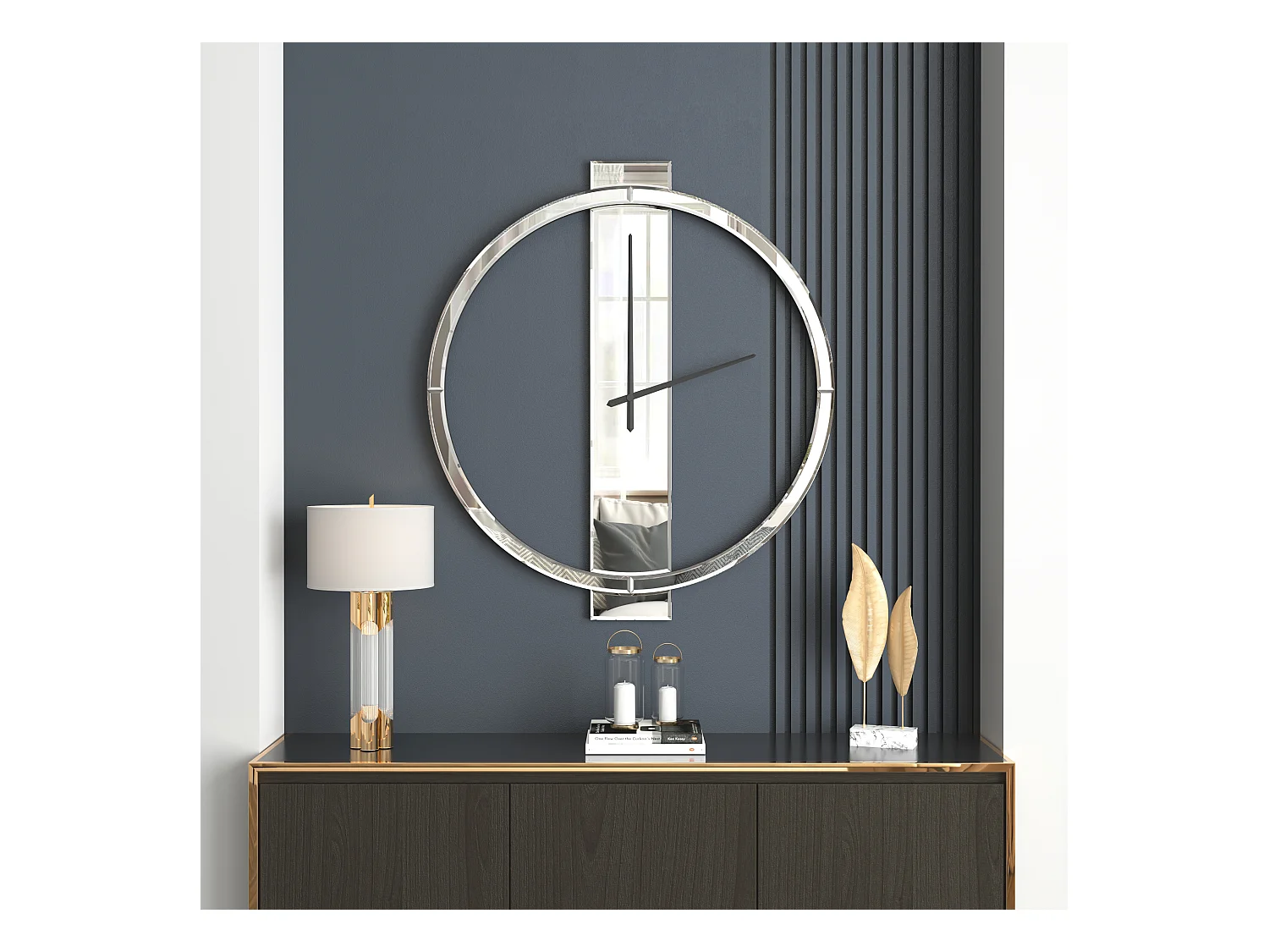 Horloge murale moderne en verre miroir, design épuré, MDF et verre, argenté (68x60x3.8 cm)