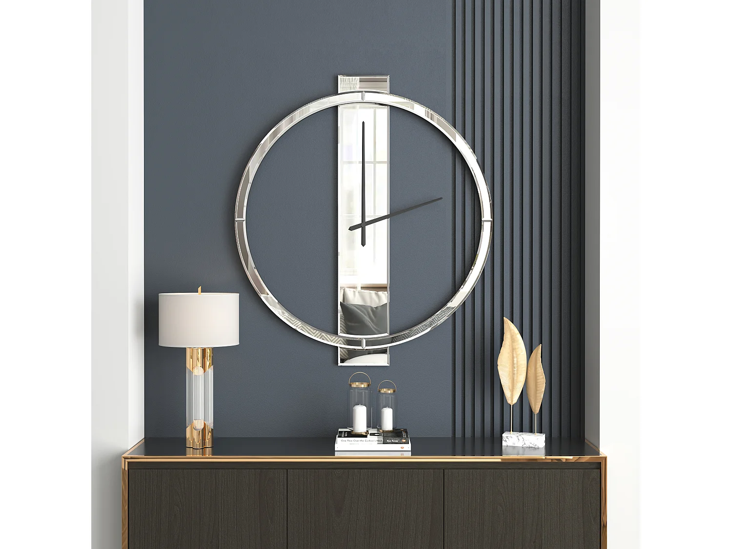Horloge murale moderne en verre miroir, design épuré, MDF et verre, argenté (68x60x3.8 cm)