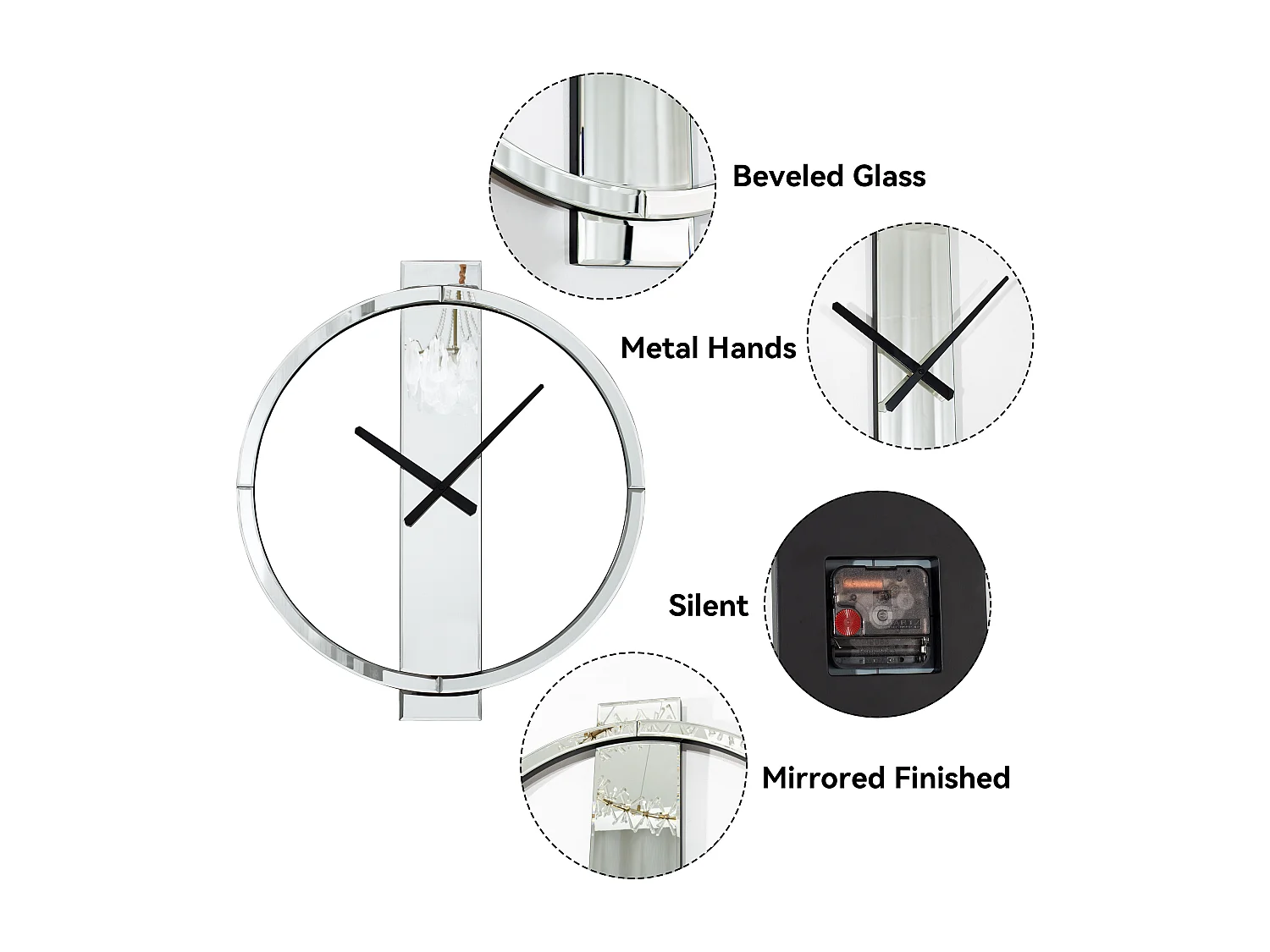 Horloge murale moderne en verre miroir, design épuré, MDF et verre, argenté (68x60x3.8 cm)