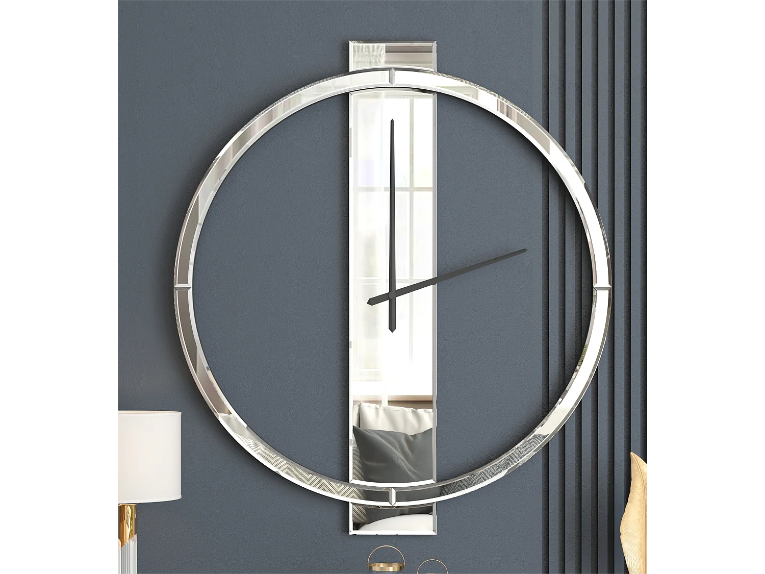 Orologio da parete moderno in vetro specchiato, design elegante, MDF e vetro, argento (68x60x3,8 cm)