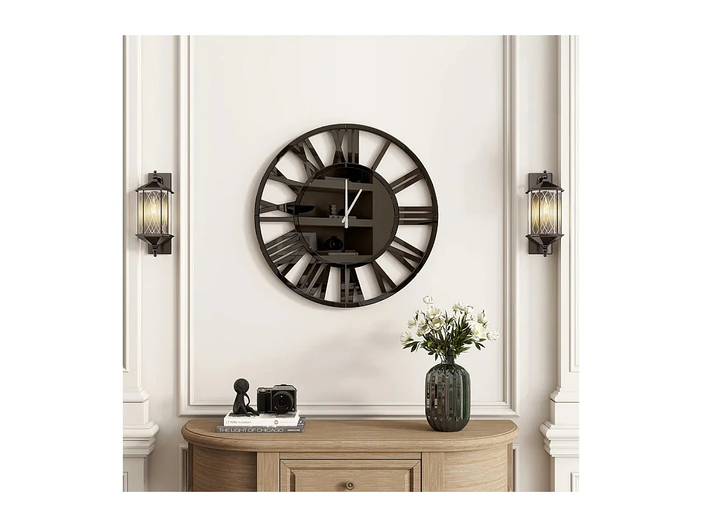 Reloj de pared redondo contemporáneo de cristal, diseño elegante, MDF y cristal, negro (80 x 3,4 x 80 cm)