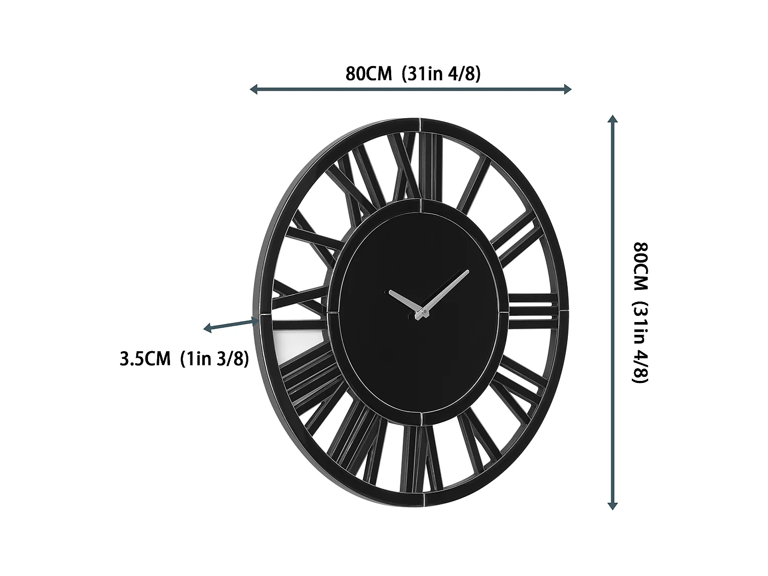 Reloj de pared redondo contemporáneo de cristal, diseño elegante, MDF y cristal, negro (80 x 3,4 x 80 cm)
