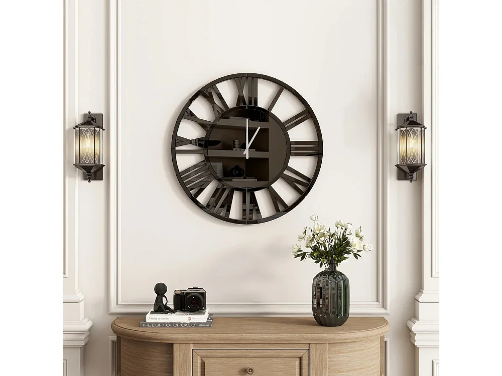 Horloge murale ronde contemporaine en verre, design élégant, MDF et verre, noir (80x3.4x80 cm)
