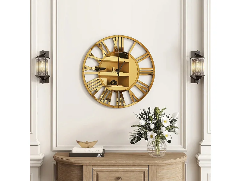 Reloj de pared redondo contemporáneo de cristal, diseño elegante, MDF y cristal, dorado (80 x 3,4 x 80 cm)