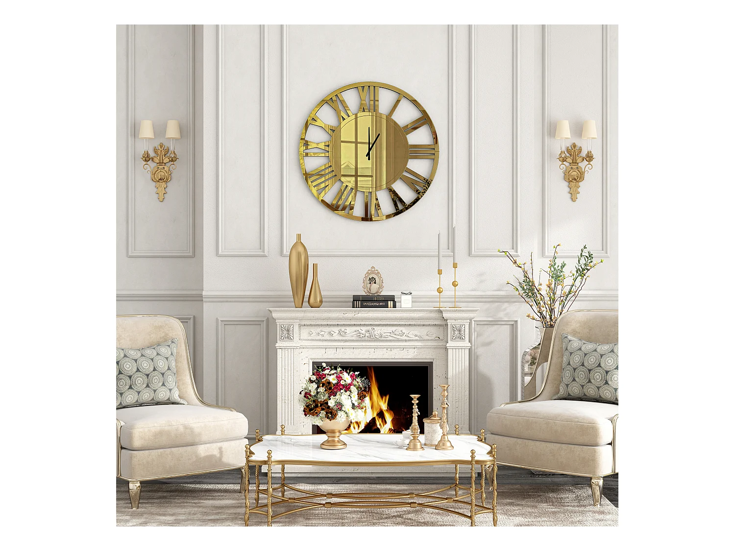 Horloge murale ronde contemporaine en verre, design élégant, MDF et verre, doré (80x3.4x80cm)