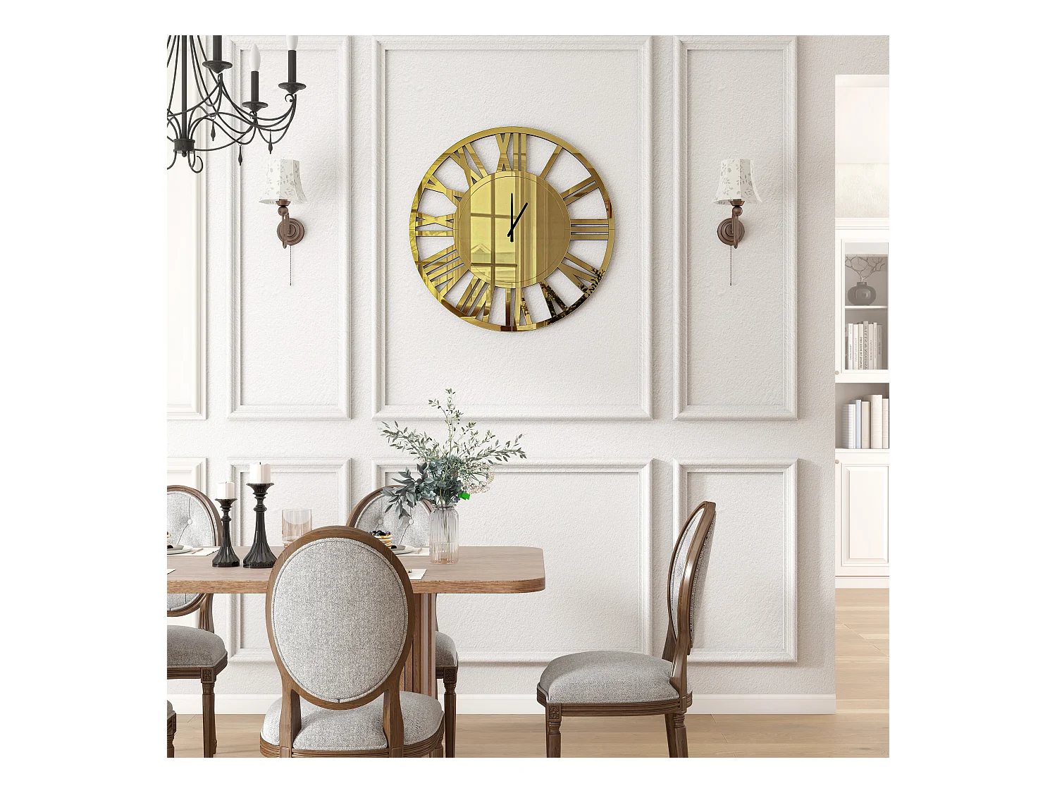 Horloge murale ronde contemporaine en verre, design élégant, MDF et verre, doré (80x3.4x80cm)