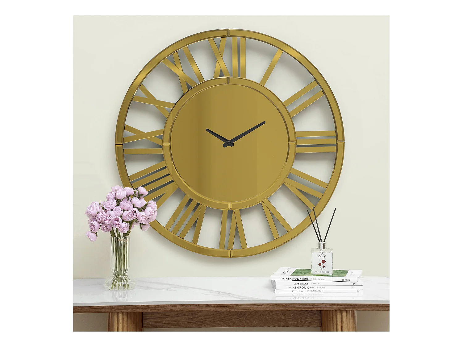 Horloge murale ronde contemporaine en verre, design élégant, MDF et verre, doré (80x3.4x80cm)